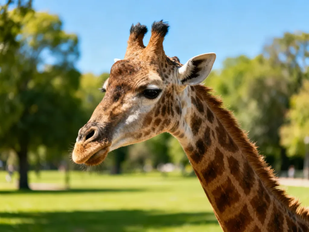 Zbliżenie na głowę i szyję żyrafy na tle słonecznego, zielonego wybiegu w krakowskim zoo.