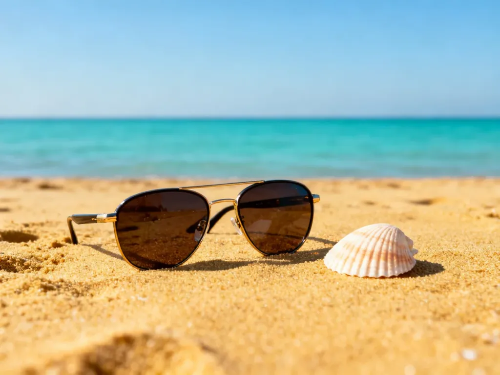 Piaszczysta plaża w Tunezji z okularami przeciwsłonecznymi i muszlą w ciepłym, jesiennym świetle słonecznym.