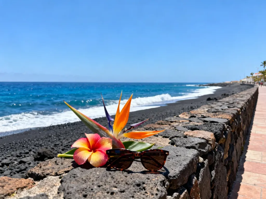 Słoneczna promenada w Puerto de la Cruz z widokiem na ocean i czarną plażę, zachęcająca do wakacyjnego wyjazdu.