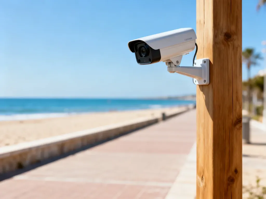 Nowoczesna kamera monitorująca deptak w Sarbinowie z widokiem na słoneczną plażę i morze w tle.