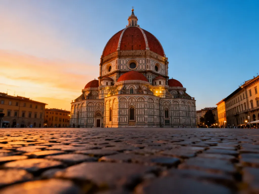 Majestatyczna kopuła katedry Santa Maria del Fiore we Florencji o zachodzie słońca, widoczna ponad brukowanym placem.