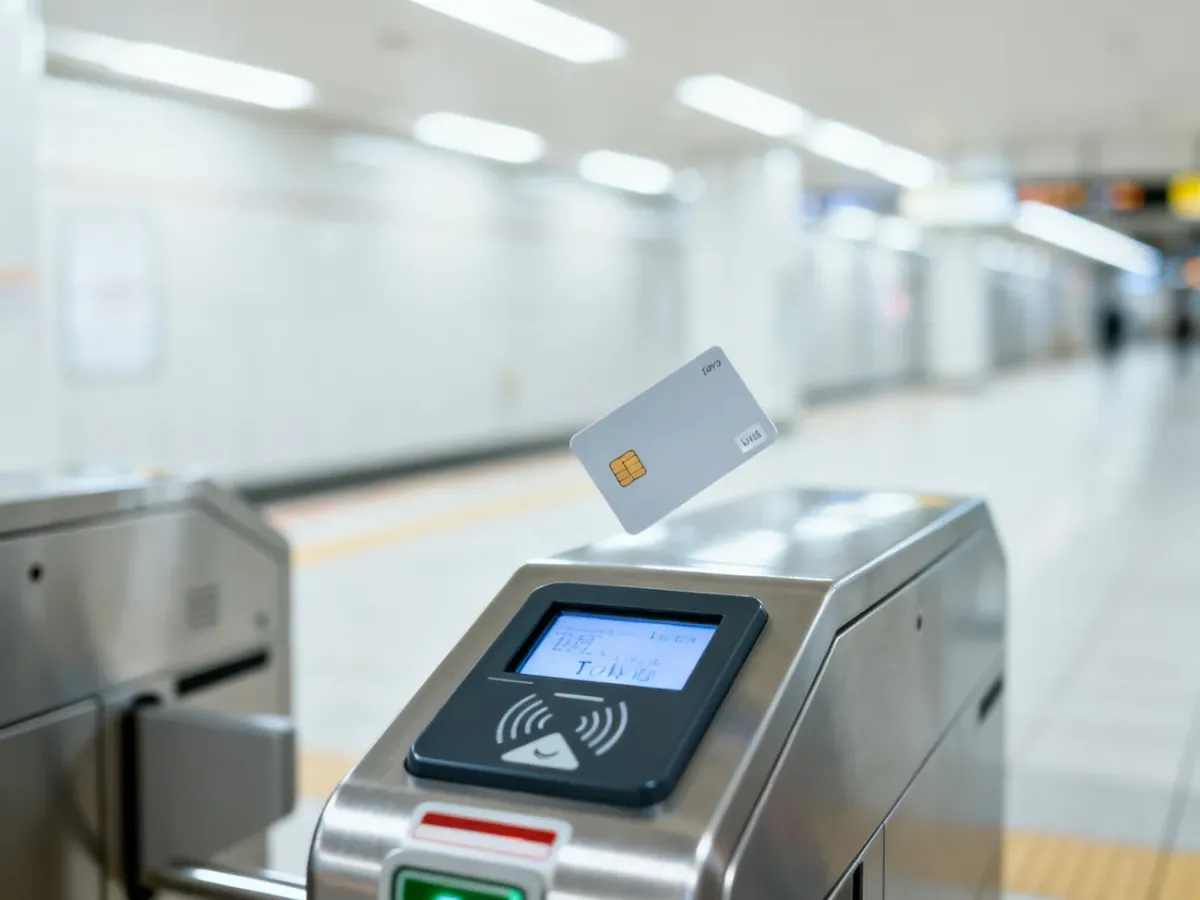 Karta zbliżeniowa przyłożona do czytnika przy bramce wejściowej na stacji metra w Tokio.