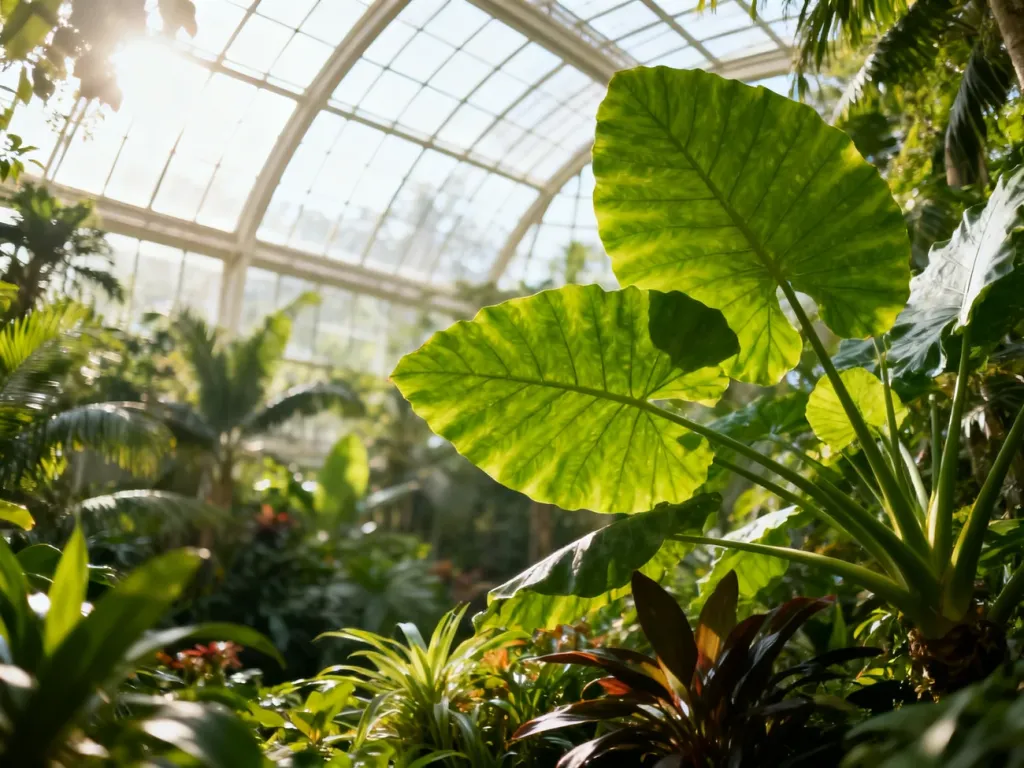 Wnętrze Orientarium w Łodzi z bujną roślinnością tropikalną pod szklaną kopułą, zapewniającą dostęp naturalnego światła.