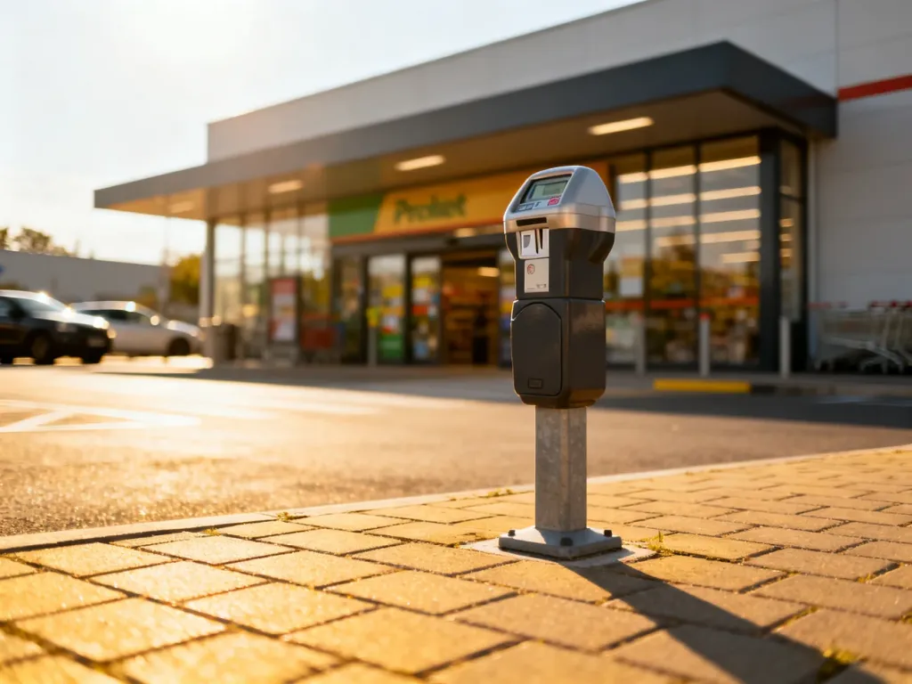 Parkomat na parkingu przed nowoczesnym supermarketem w słoneczny dzień.