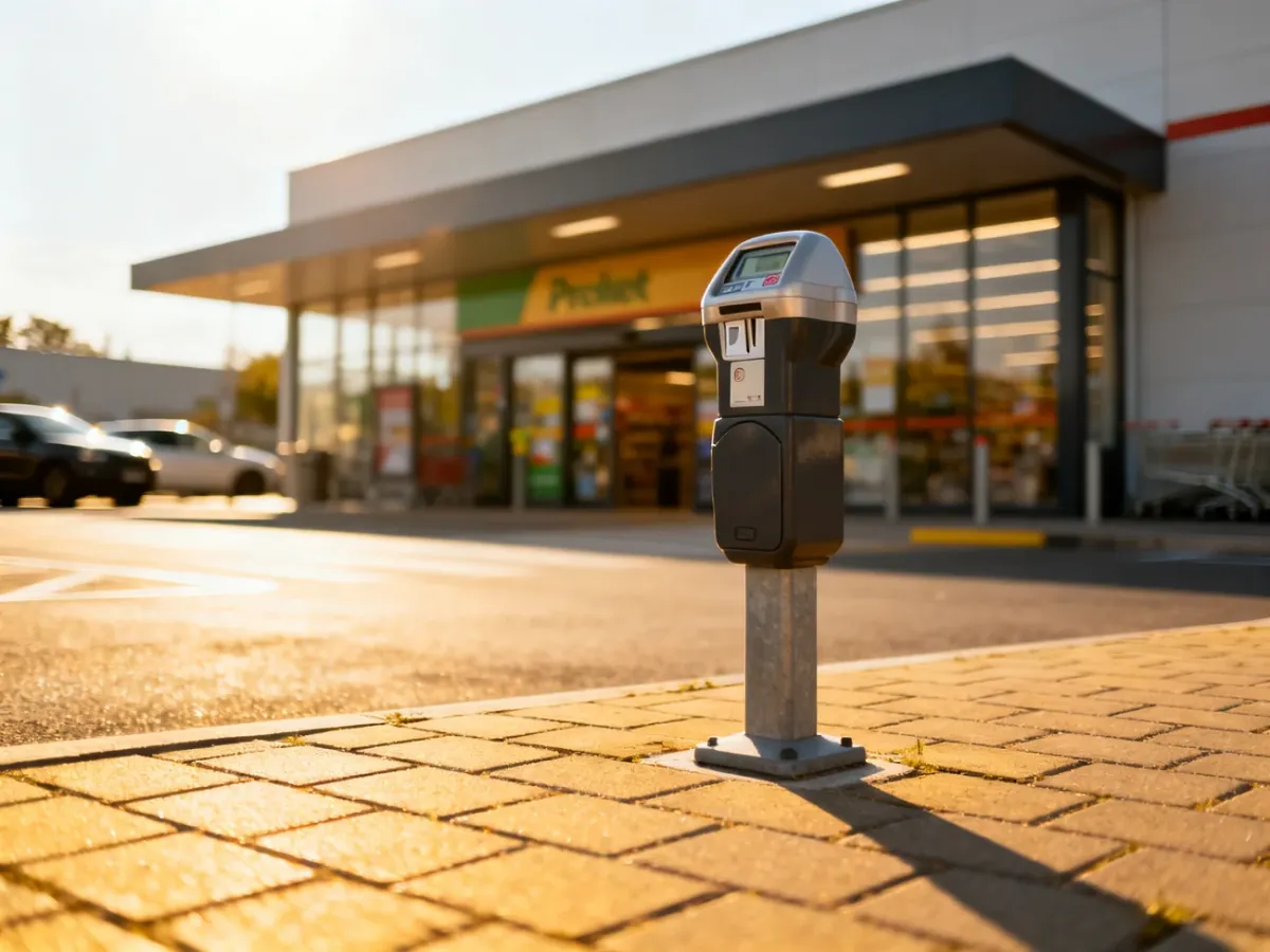 Parkomat na parkingu przed nowoczesnym supermarketem w słoneczny dzień.