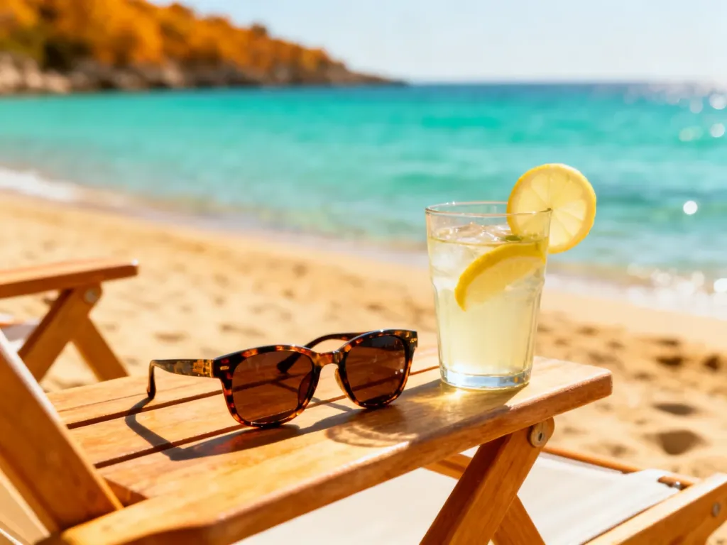 Okulary przeciwsłoneczne i lemoniada na leżaku z widokiem na słoneczną plażę i turkusowe morze na Cyprze.
