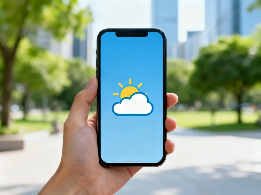 Dłoń trzymająca smartfon z czytelną ikoną pogody na ekranie, z rozmytym parkiem w tle.