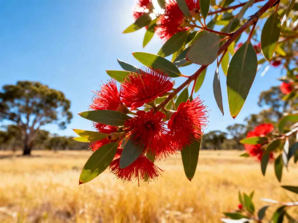Kwitnąca gałązka eukaliptusa z czerwonymi kwiatami na tle słonecznego, australijskiego krajobrazu.