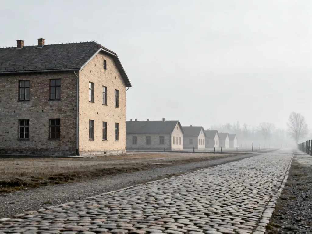 Brukowana ścieżka prowadząca wzdłuż historycznych baraków na terenie byłego obozu Auschwitz-Birkenau w pochmurny dzień.