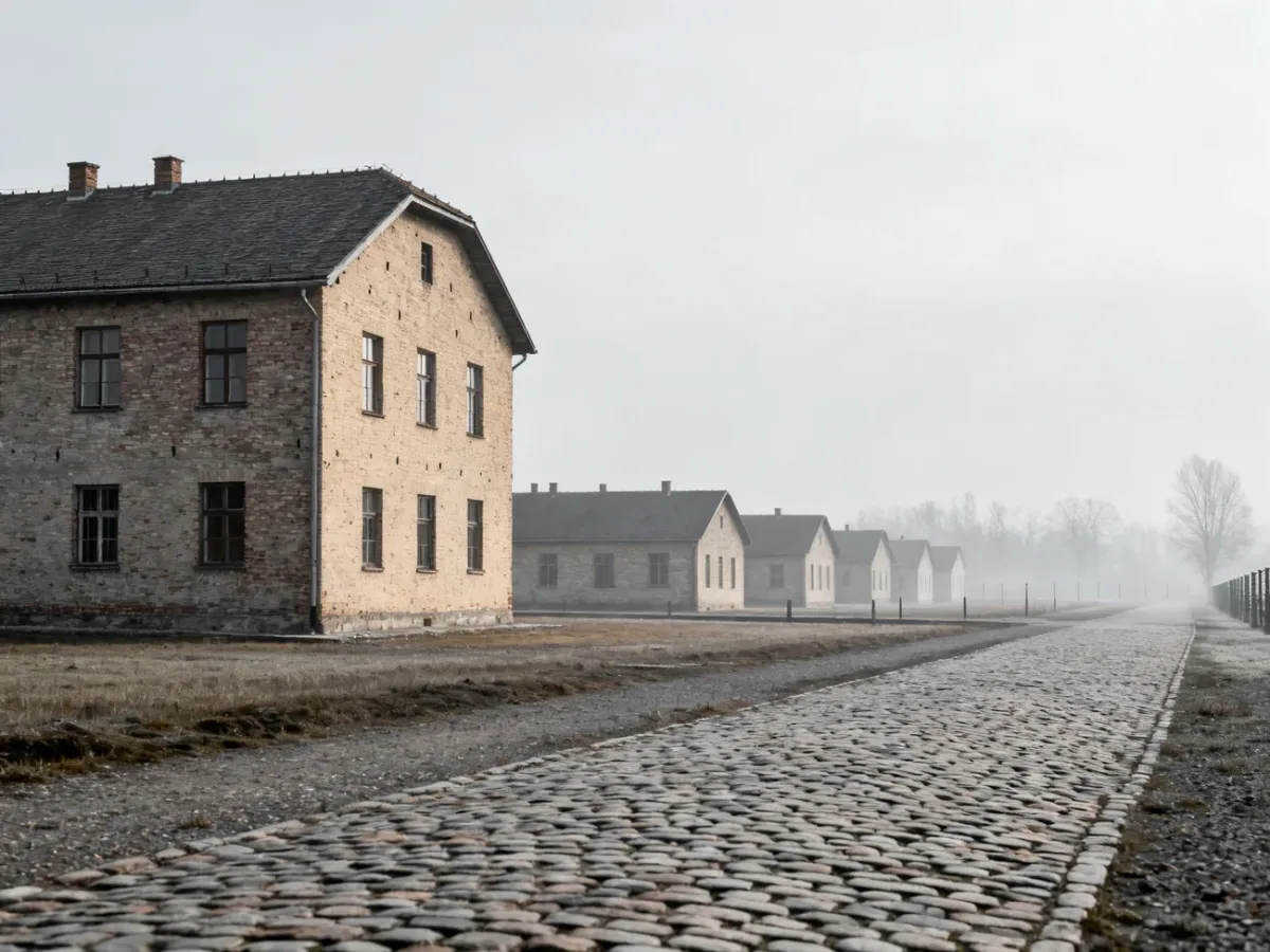 Brukowana ścieżka prowadząca wzdłuż historycznych baraków na terenie byłego obozu Auschwitz-Birkenau w pochmurny dzień.