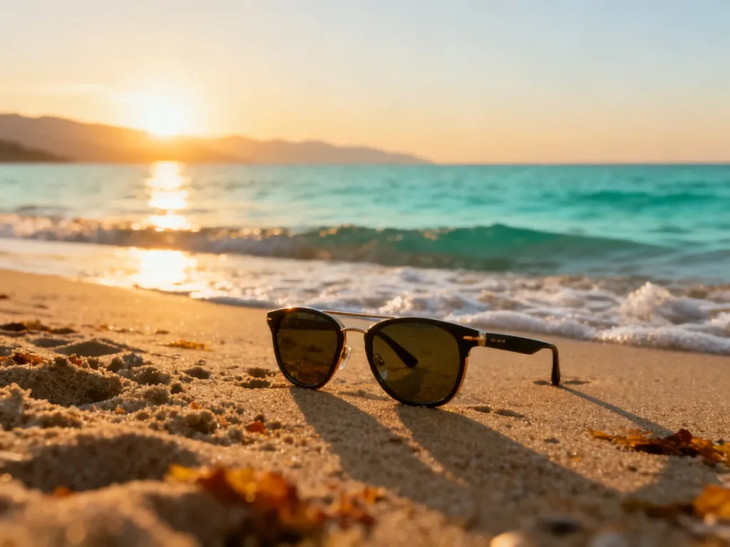 Piaszczysta plaża w Turcji podczas jesiennego zachodu słońca z okularami przeciwsłonecznymi na pierwszym planie.