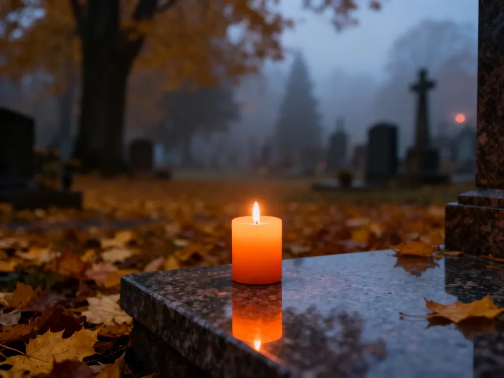 Płonący znicz na nagrobku w jesiennym, zamglonym cmentarzu o zmierzchu, podkreślający refleksyjny nastrój Wszystkich Świętych.