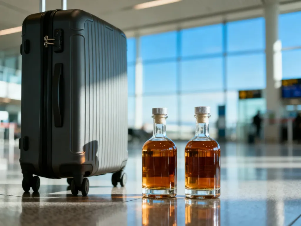 Nowoczesna walizka i dwie butelki alkoholu na lotnisku, ilustrujące zasady przewozu trunków w bagażu podróżnym Ryanair.