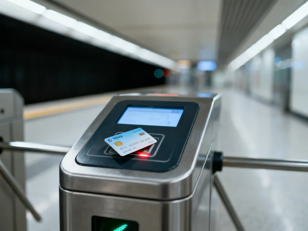 Elektroniczny kasownik w warszawskim metrze, przy którym pasażer zbliża kartę miejską w celu skasowania biletu.