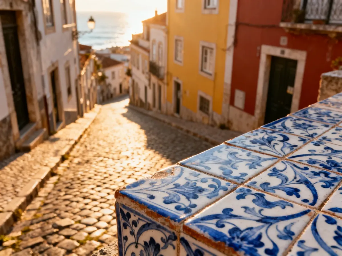 Tradycyjna niebiesko-biała płytka azulejo na tle słonecznej, zabytkowej uliczki w portugalskim miasteczku.