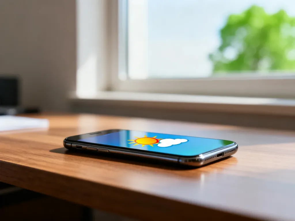 Nowoczesny smartfon z ikoną pogody na ekranie, leżący na drewnianym biurku w słoneczny dzień.