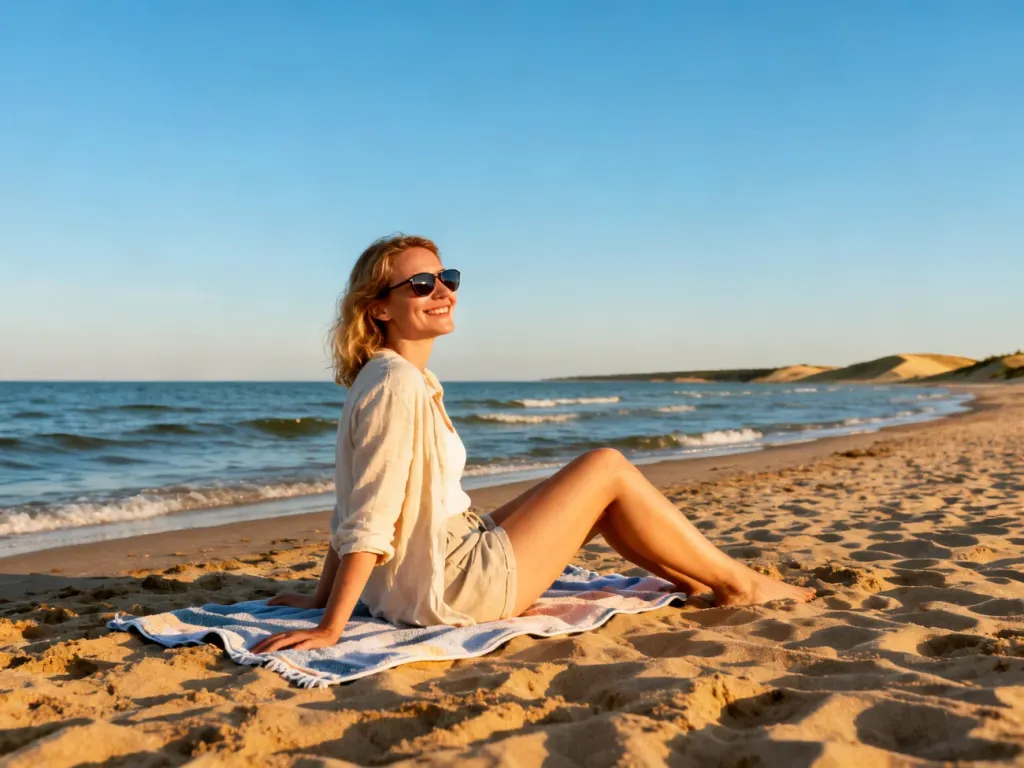 Uśmiechnięta kobieta wypoczywająca na słonecznej plaży w Niechorzu podczas idealnej pogody na letni urlop.