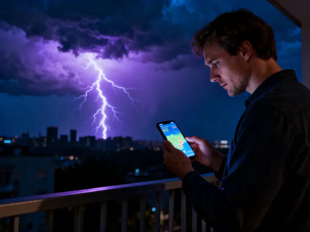 Mężczyzna na balkonie obserwuje na smartfonie mapę burzową podczas nocnej nawałnicy z widocznymi wyładowaniami.