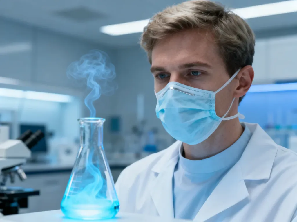 Pracownik laboratorium w masce ochronnej obserwuje zlewkę z niebieskim gazem, ilustrując badania nad właściwościami ozonu.