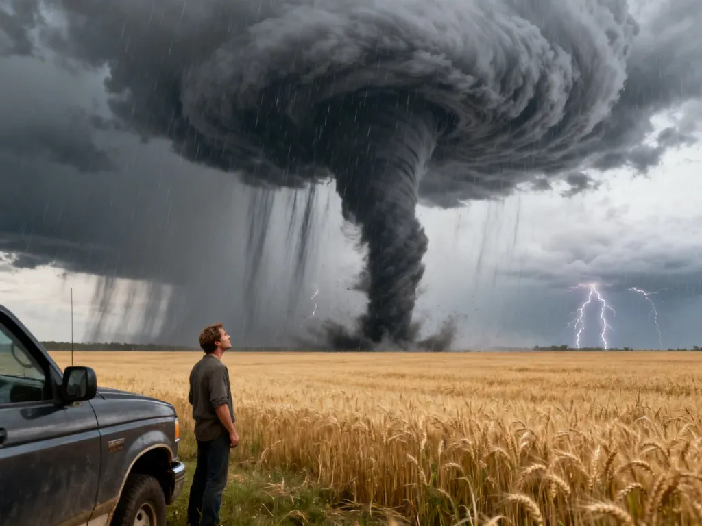 Potężne tornado nad polem pszenicy, obserwowane przez mężczyznę stojącego przy ciężarówce.