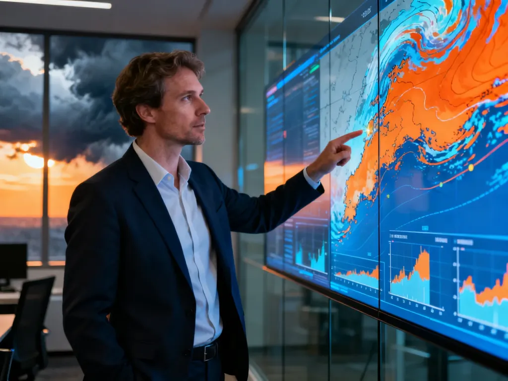 Meteorolog wskazuje na cyfrową mapę pogody, prezentując dane meteorologiczne w nowoczesnym biurze.