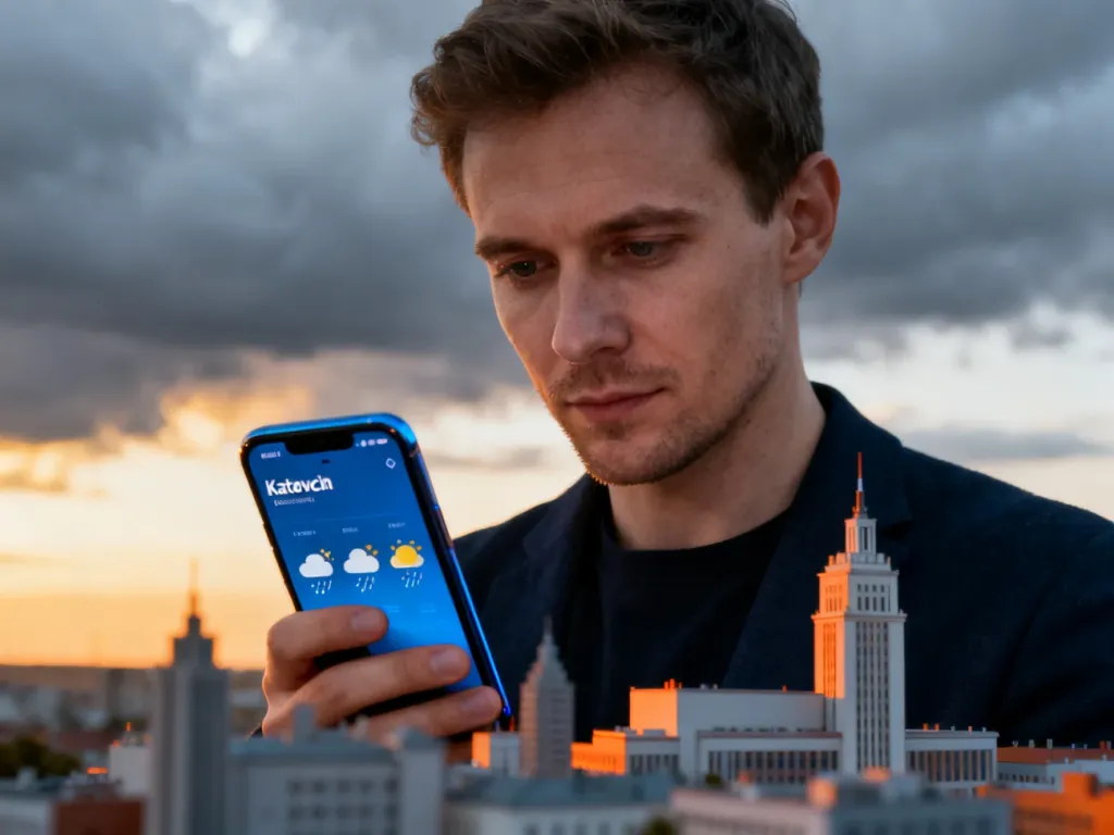 Mężczyzna sprawdza prognozę pogody na smartfonie na tle panoramy Katowic w świetle zachodzącego słońca.