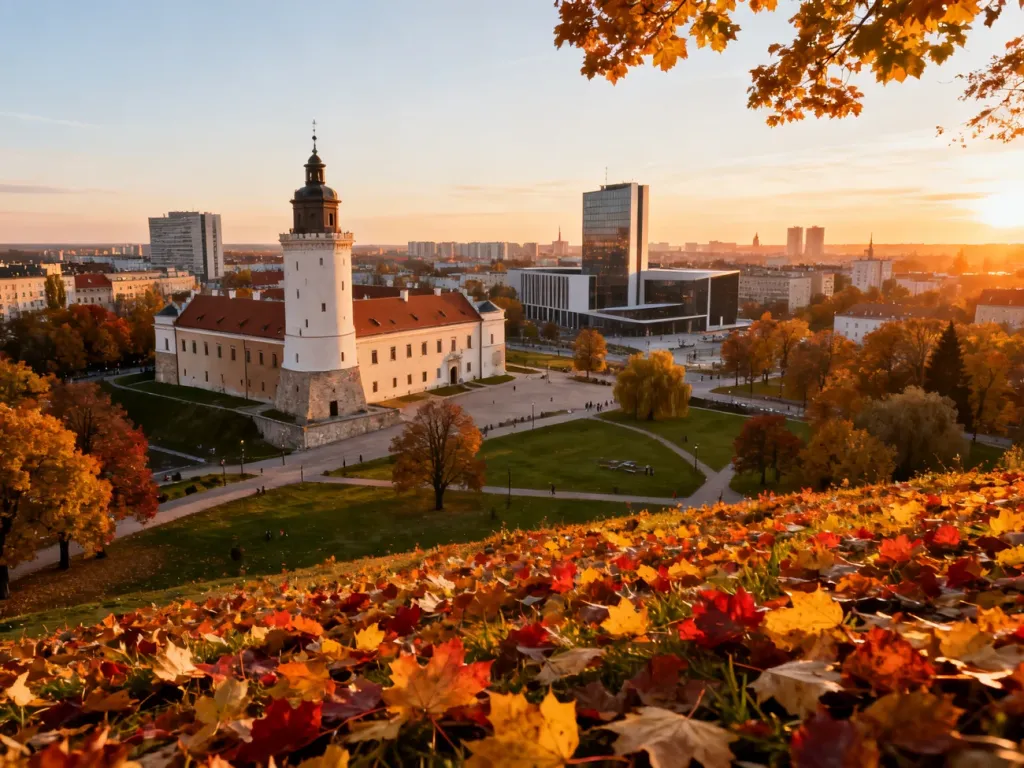 Widok na centrum Rzeszowa z Zamkiem Lubomirskich w jesiennej scenerii podczas zachodu słońca.
