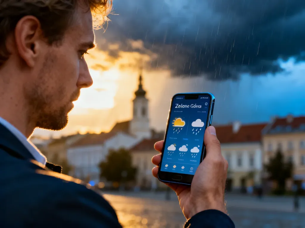 Mężczyzna sprawdza prognozę pogody na smartfonie na tle zmiennego nieba nad Zieloną Górą.