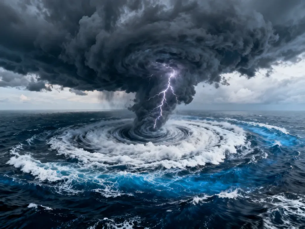 Widok z góry na potężny huragan nad oceanem, ukazujący wirujące ciemne chmury burzowe z wyładowaniami atmosferycznymi.
