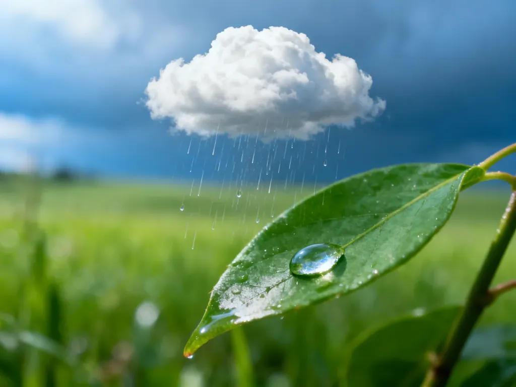 Kropla deszczu na zielonym liściu na tle łąki, obrazująca proces opadów atmosferycznych.