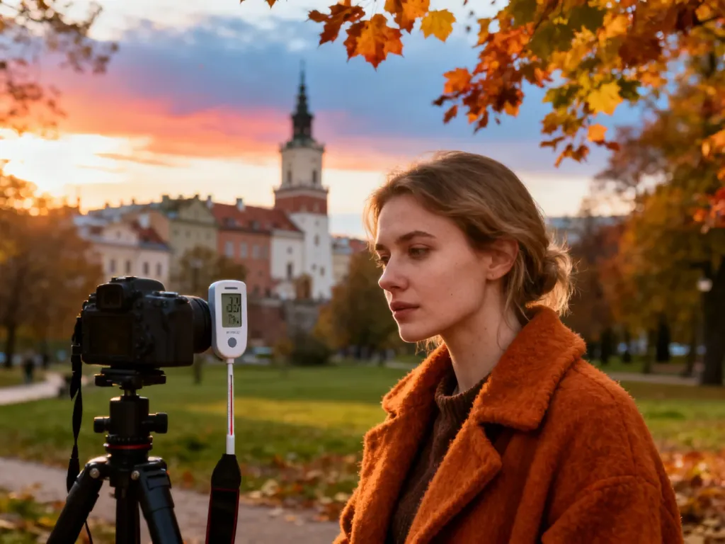 Fotograf w jesiennym płaszczu sprawdza temperaturę w parku z widokiem na zabytkową architekturę Lublina.