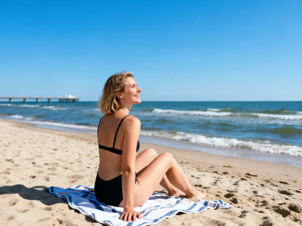 Słoneczna plaża we Władysławowie z uśmiechniętą kobietą wypoczywającą nad brzegiem Bałtyku w letni dzień.