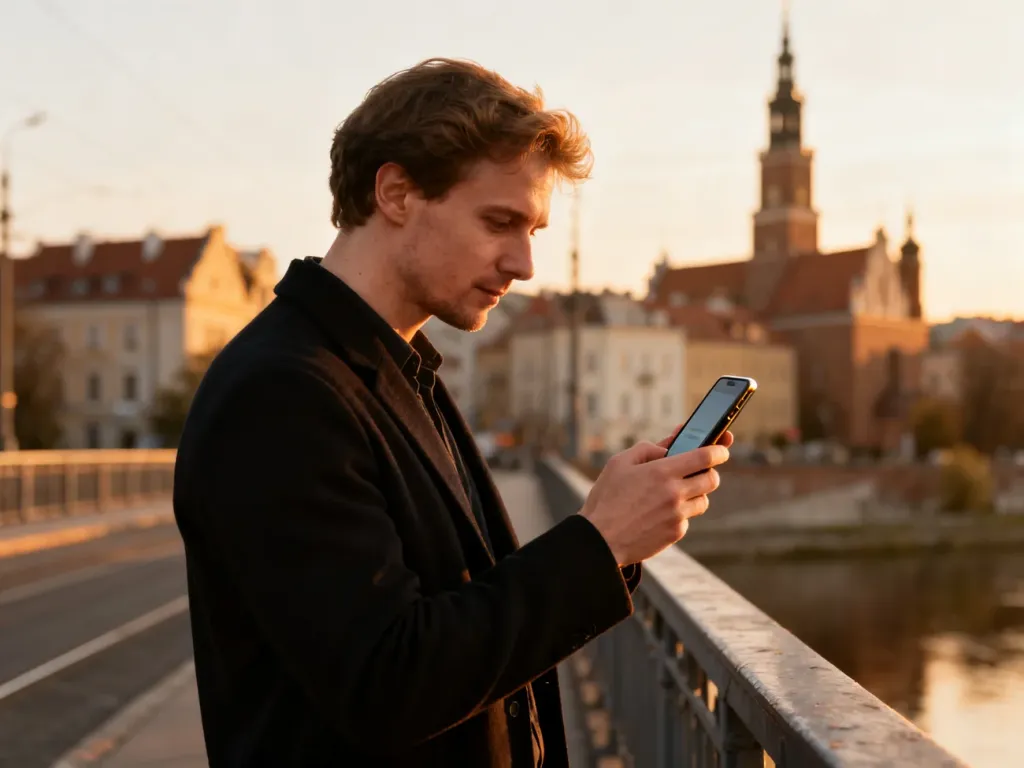Mężczyzna na moście w Poznaniu sprawdza prognozę pogody w telefonie na tle malowniczego Ostrowa Tumskiego.