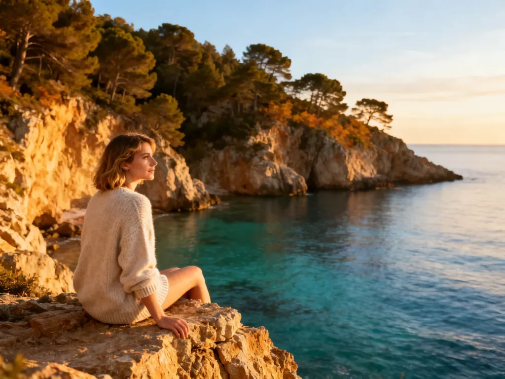 Kobieta siedząca na klifie nad Morzem Śródziemnym w słoneczny październikowy dzień na Costa Brava.