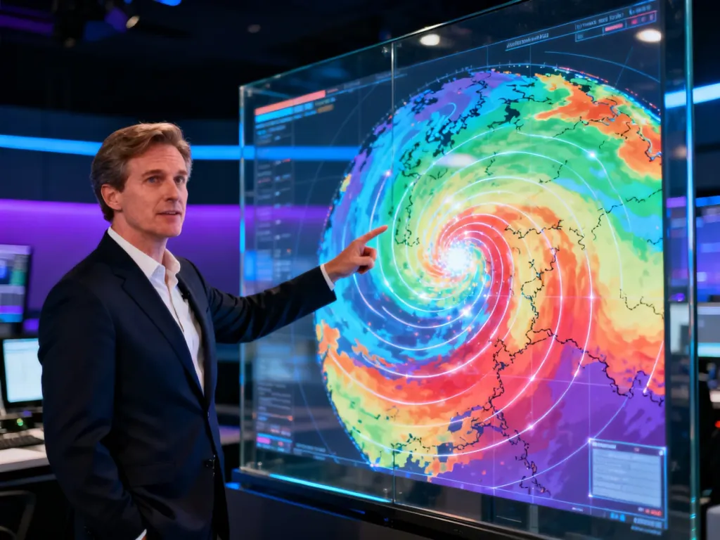 Meteorolog wskazuje na nowoczesny ekran z kolorową mapą radarową w centrum prognozowania pogody.