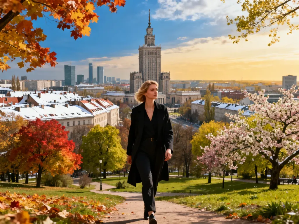Panorama Warszawy z Pałacem Kultury i Nauki w otoczeniu zmieniających się pór roku oraz kobieta spacerująca w jesiennym parku.