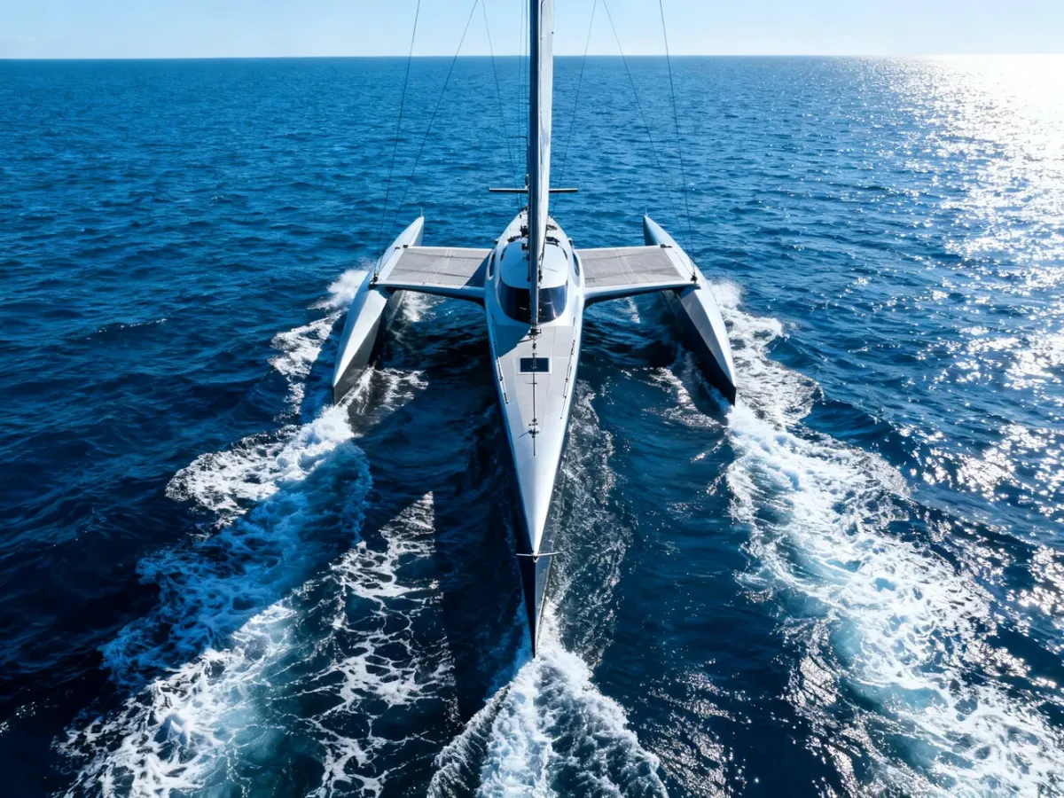 Nowoczesny trimaran z wąskim kadłubem głównym i szerokimi pływakami płynący po otwartym, błękitnym morzu.